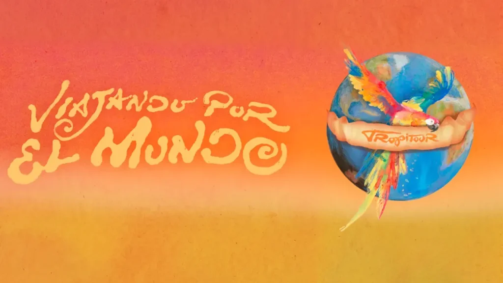 Logotipo oficial de la gira Karol G Tropitour 2026 "Viajando por el Mundo" con diseño de guacamaya y globo terráqueo.