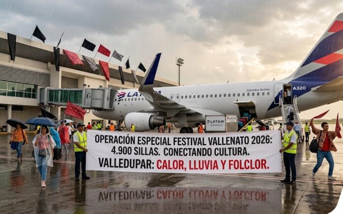 Avión de LATAM en la pista del aeropuerto Alfonso López de Valledupar en el Festival Vallenata 2026, bajo condiciones de lluvia y calor.