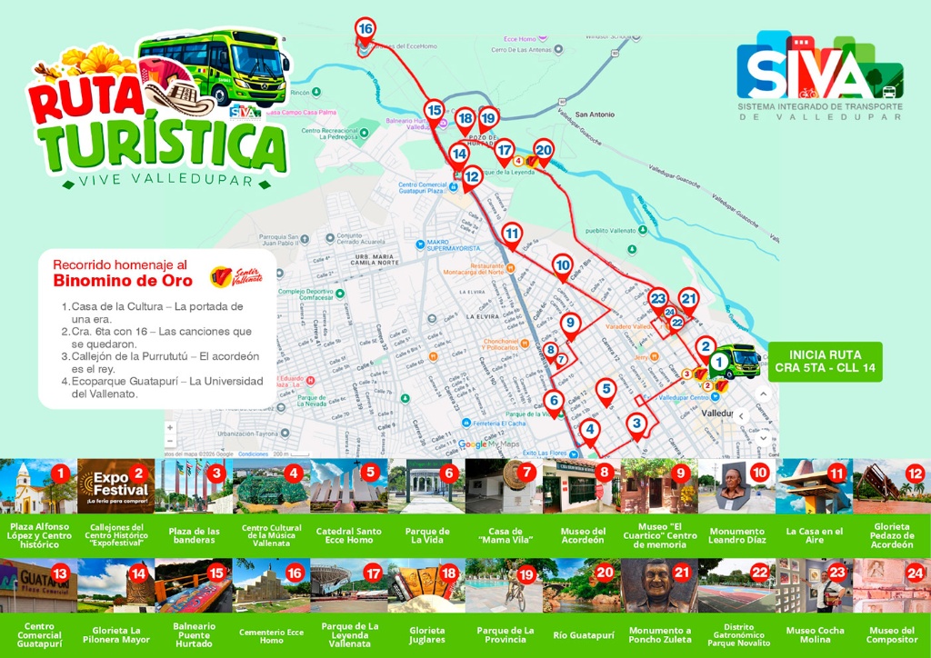 Mapa ruta turística Valledupar del SIVA con los 24 puntos de interés para el Festival Vallenato 2026.