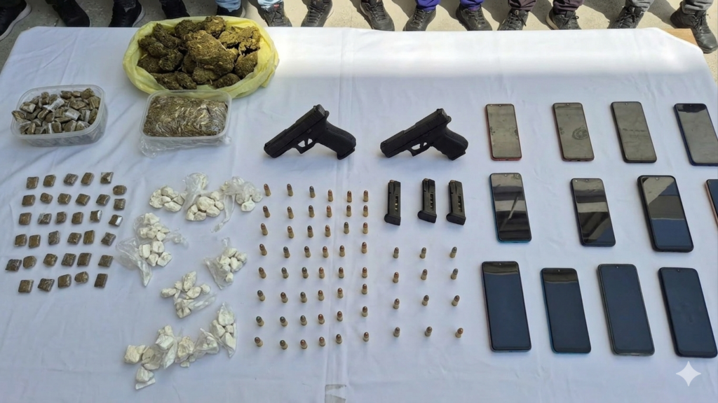 Extorsión en Valledupar: Armas de fuego, municiones, teléfonos celulares y estupefacientes incautados por el Gaula.