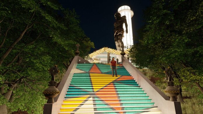 Vista nocturna del Monumento al Santo Ecce Homo en Valledupar con iluminación ornamental en las escaleras y la estatua.