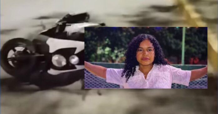 Montaje de motocicleta accidentada y retrato de Keyla Manotas Arce.