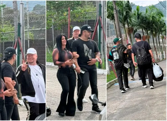 Composición de tres fotografías que muestran el ingreso de Nelson Velásquez y su equipo de logística a la cárcel de Itagüí. Se observa a Velásquez con una mujer y a los asistentes cargando cables y equipos de sonido para el polémico show privado.