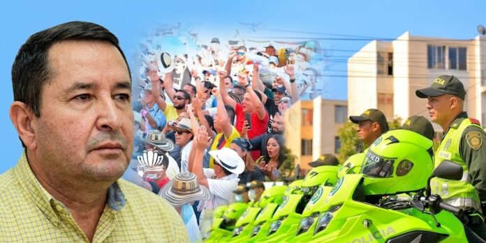 Composición fotográfica sobre la seguridad en Valledupar: muestra al secretario Pablo Bonilla, uniformados de la Policía Nacional en motocicletas y una multitud disfrutando del Festival Vallenato.