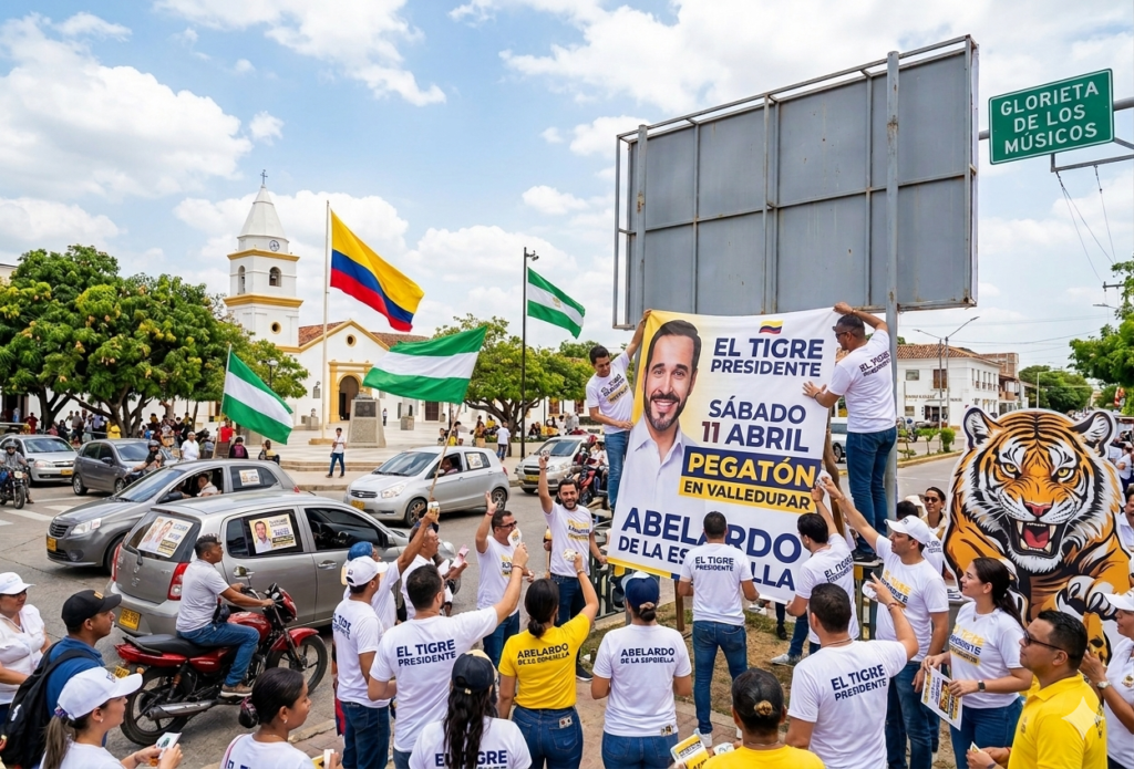 Simpatizantes realizan una pegatón de la campaña presidencial en Valledupar con carteles de Abelardo de la Espriella en la Glorieta de Los Músicos.