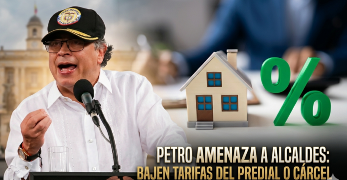 Gustavo Petro señala a alcaldes por tarifas del impuesto predial con imagen de casa y símbolo de porcentaje.