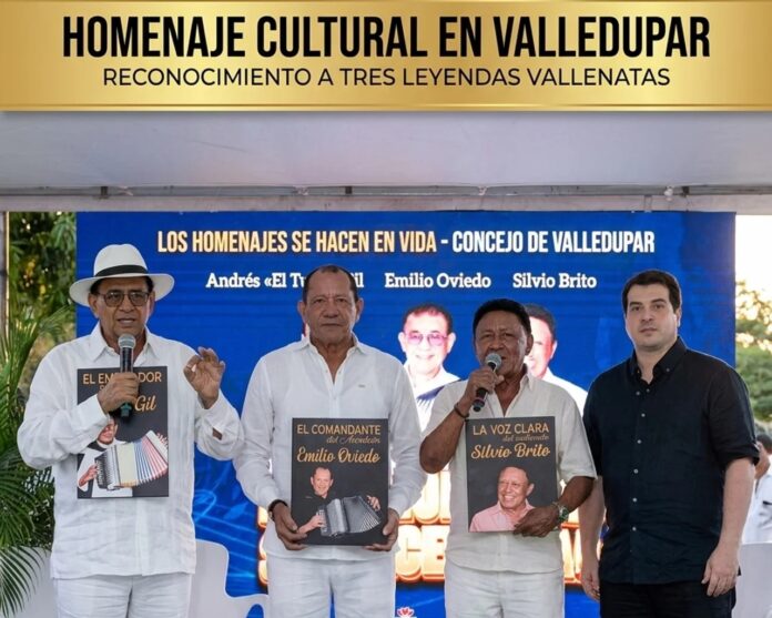 Imagen destacada del homenaje cultural en Valledupar realizado por el Concejo a los juglares Andrés El Turco Gil, Emilio Oviedo y Silvio Brito.