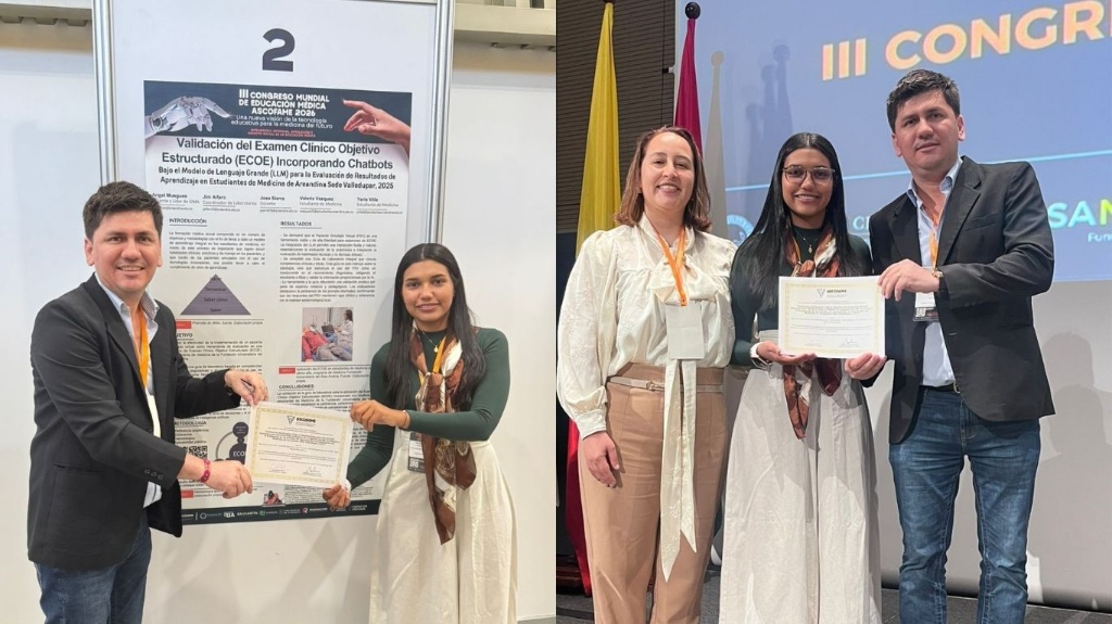 Composición de dos fotografías que muestran la premiación de la Areandina Valledupar en el Congreso Mundial ASCOFAME 2026. A la izquierda, un hombre y una mujer reciben un diploma frente al póster ganador sobre la validación del ECOE con chatbots e inteligencia artificial. A la derecha, tres personas posan en la tarima principal del III Congreso sosteniendo el certificado de Mejor Póster Académico.