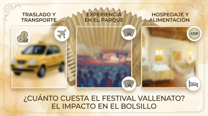 Infografía sobre los costos festival vallenato que muestra el impacto en el bolsillo para traslados, experiencia en el parque y hospedaje.
