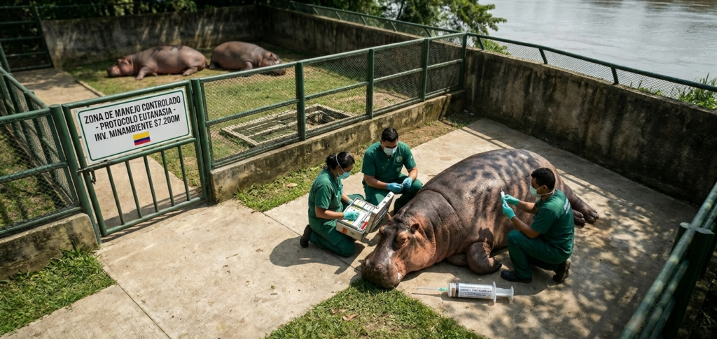 Personal veterinario realizando protocolo de manejo y eutanasia para hipopótamos en zona de control de Minambiente.
