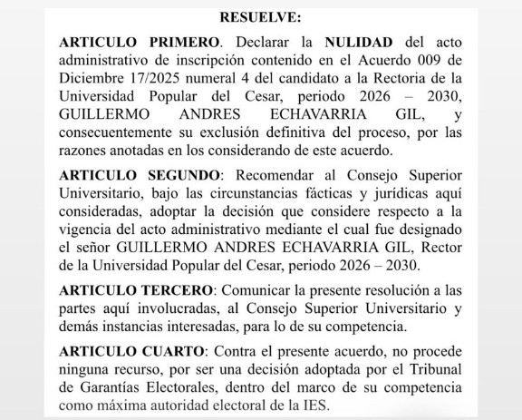 Captura del artículo primero del resuelve donde el Tribunal de Garantías declara la nulidad del acto administrativo de la Rectoría de la UPC para el periodo 2026-2030.