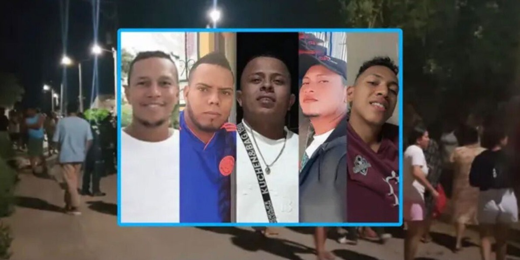 Composición con los rostros de cinco víctimas de la masacre en Maicao y patrulla policial en Villa Mery.