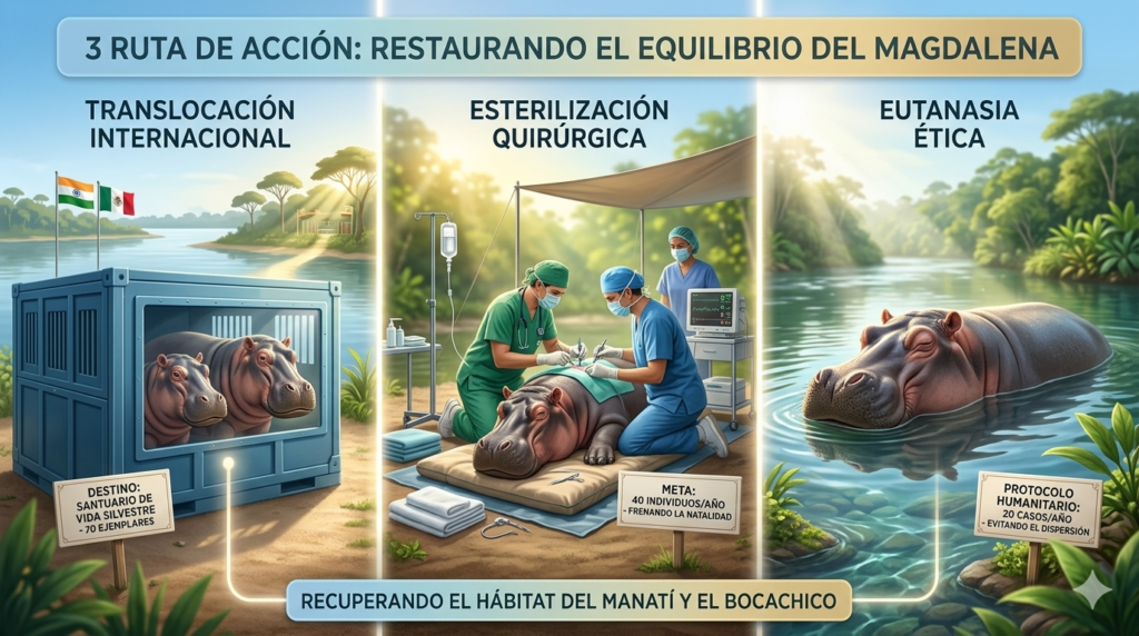 Infografía que muestra las tres rutas de acción del Ministerio de Ambiente: translocación a santuarios, esterilización quirúrgica y eutanasia ética de hipopótamos.