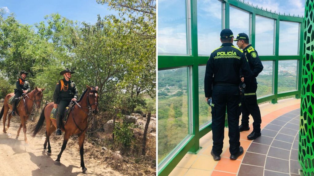 Composición que muestra a la policía montada patrullando los senderos del cerro y oficiales de policía en el mirador de cristal.