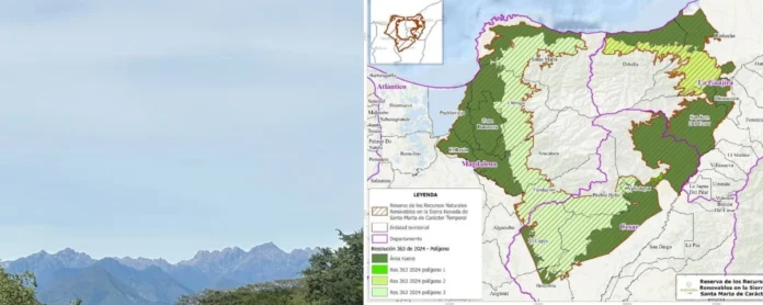Mapa oficial y paisaje de la nueva reserva Sierra Nevada minería para la protección ambiental en Cesar y La Guajira.