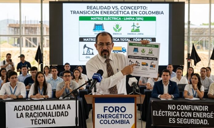 Geólogo Amat Zuluaga explicando la diferencia entre matriz eléctrica y la transición energética en Colombia durante un foro académico.