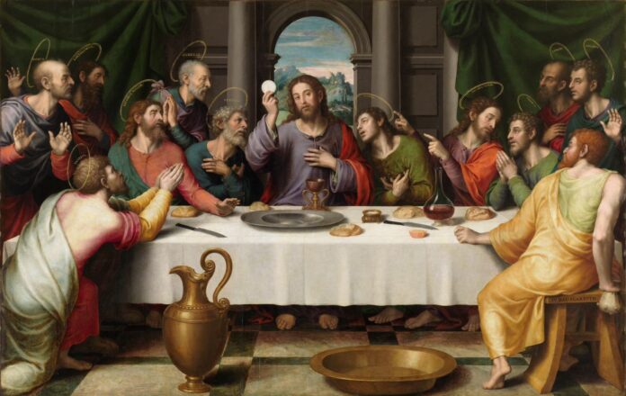 Pintura clásica de la Última Cena de Jesús con sus apóstoles, representando la institución de la Eucaristía.