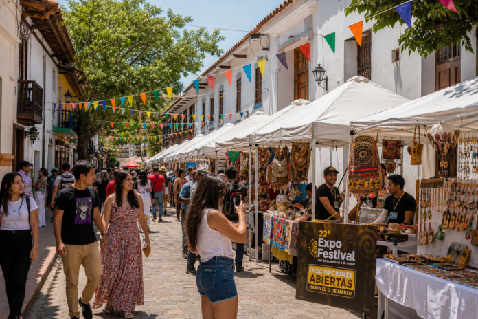 Turistas recorriendo los stands de artesanías en los callejones del Centro Histórico, una muestra del gran potencial del turismo en Valledupar.