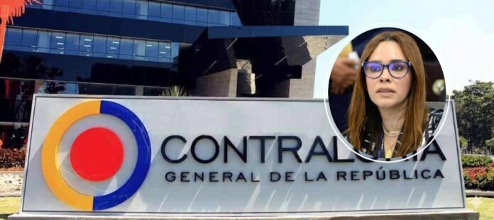 Retrato circular de la candidata Ana Monsalvo superpuesto al edificio de la Contraloría General de la República.