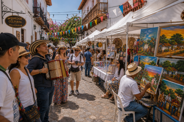 Pintores, músicos y emprendedores mostrando su talento a los visitantes en un callejón colonial, impulsando el turismo en Valledupar.