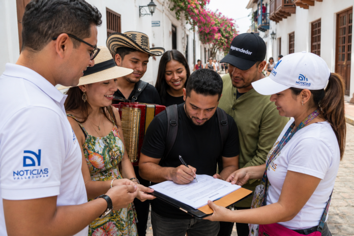 Ciudadanos y artistas firmando un derecho de petición para exigir espacios permanentes para la cultura vallenata en Valledupar.