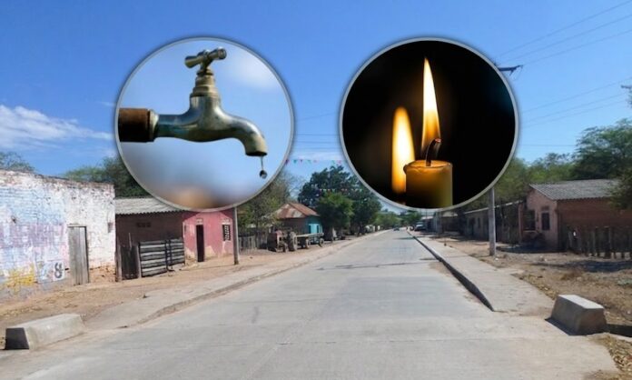 Imagen compuesta: Fondo de la calle de Los Venados, Valledupar, con dos insets circulares arriba: izquierda, una llave de agua goteando (crisis hídrica); derecha, una vela encendida (crisis eléctrica).