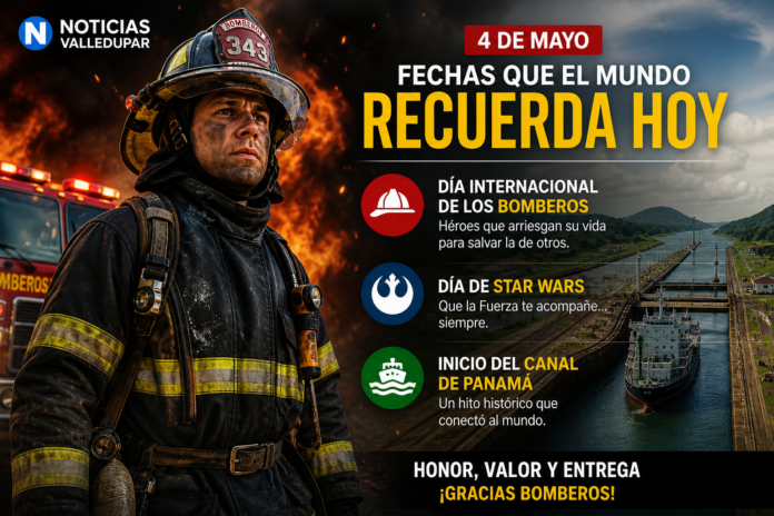 Retrato de un heroico bombero frente a su camión, ilustrando las celebraciones mundiales de cada 4 de mayo.