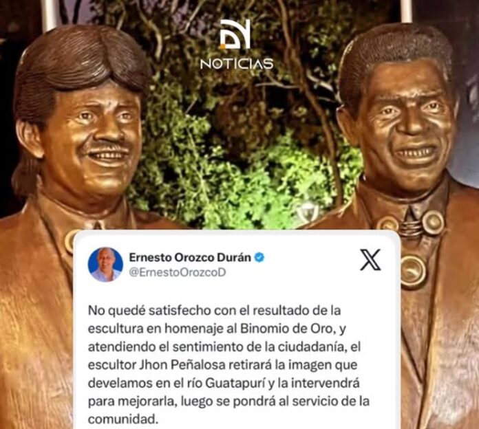 Estatuas de Rafael Orozco e Israel Romero en Valledupar junto al comunicado del alcalde Ernesto Orozco ordenando su retiro.
