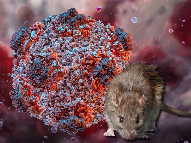 Ilustración médica que muestra la estructura del hantavirus junto a un roedor portador.