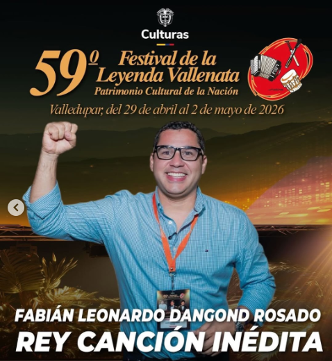 Imagen oficial de Fabián Dangond Rosado celebrando su triunfo como el nuevo rey de la Canción Inédita en el 59° Festival Vallenato.