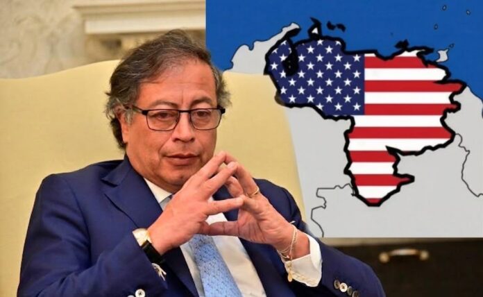 El presidente Gustavo Petro reacciona a la imagen de Donald Trump que muestra a Venezuela con la bandera de Estados Unidos.