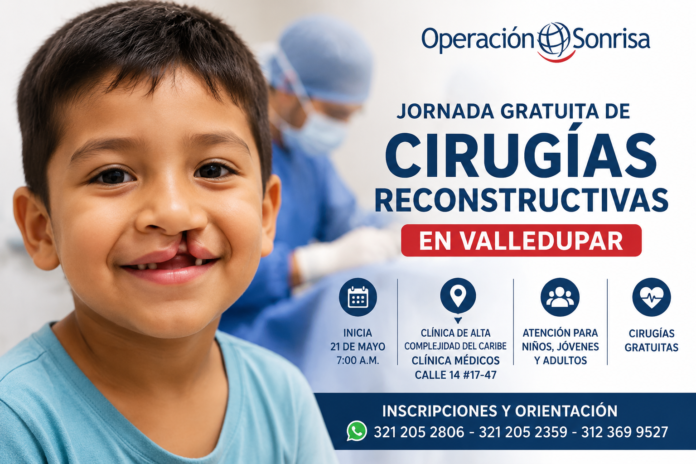Niño con labio fisurado durante promoción de jornada gratuita de cirugías reconstructivas en Valledupar organizada por Operación Sonrisa.