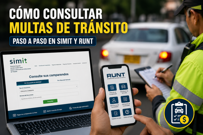 Persona consulta multas de tránsito en SIMIT y RUNT mientras un agente de tránsito realiza un control vehicular.