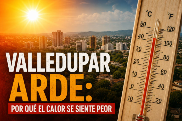 Imagen destacada sobre el calor en Valledupar con termómetro marcando alta temperatura y una vista urbana bajo sol intenso.