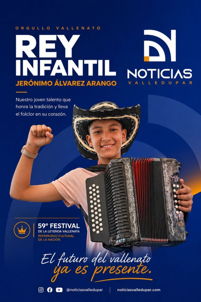 Jerónimo Álvarez Arango con su acordeón celebrando el título de Rey Infantil del Festival Vallenato 2026.