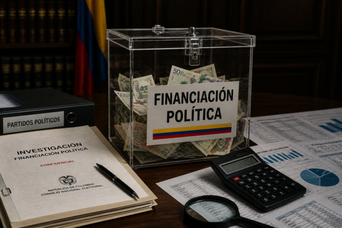 Urna de votación y documentos financieros que ilustran el reporte de los gastos de las campañas presidenciales.