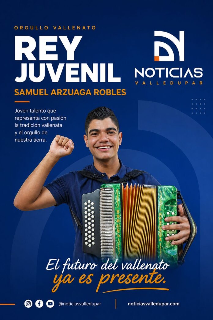 Samuel Arzuaga Robles posando con su acordeón tras coronarse como Rey Vallenato Juvenil 2026 en el 59° Festival de la Leyenda Vallenata.