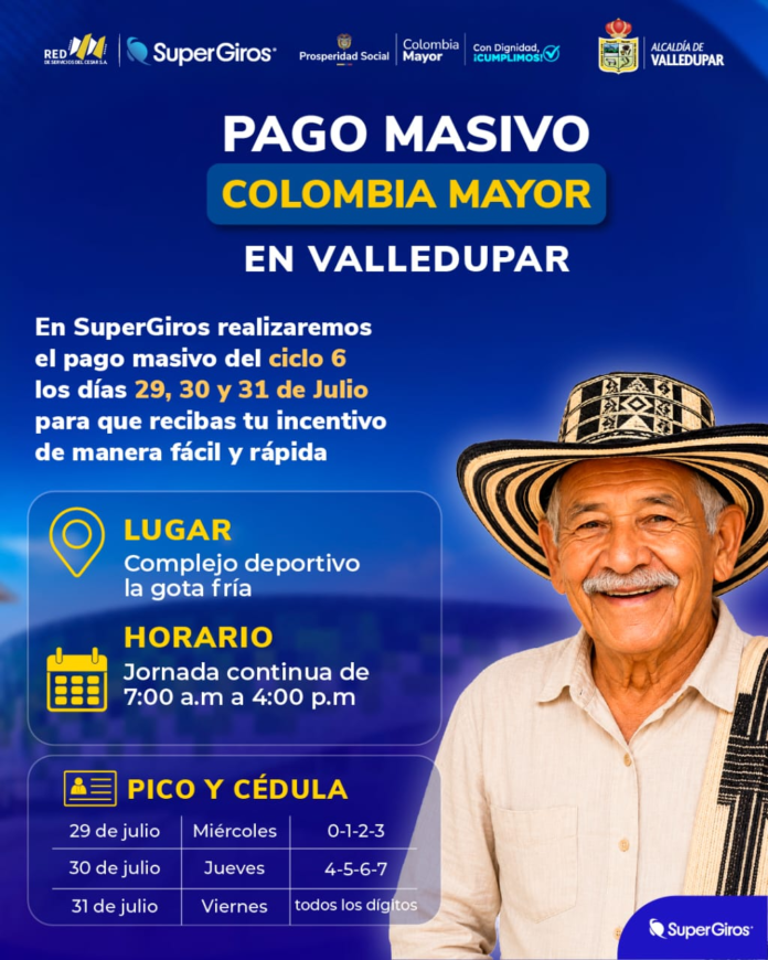 Adultos mayores durante la jornada de pago de Colombia Mayor en Valledupar correspondiente al ciclo 6 de julio de 2026.