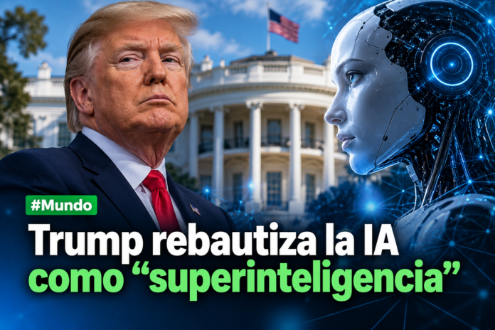 Donald Trump junto a una representación de inteligencia artificial por el cambio de IA a superinteligencia